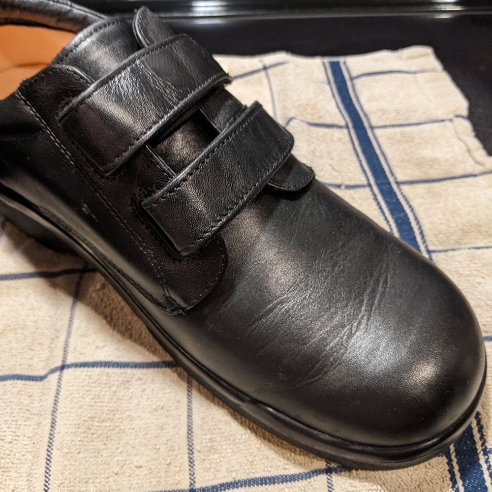 Men's Black Leather Double-Strap Diabetic Slip-on Loafers
